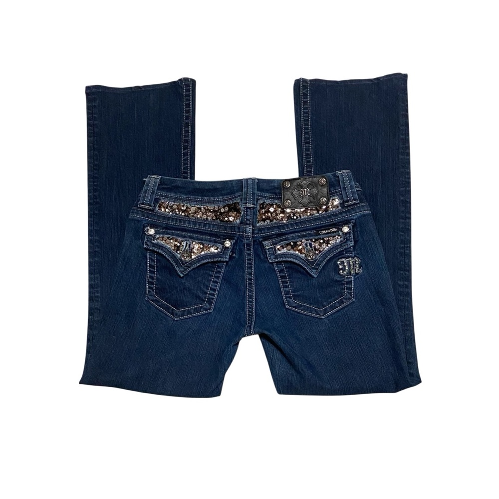 Y2K Miss Me Easy Boot Low Rise Womens Jeans Dark Wash Sequin Back Flap Pockets